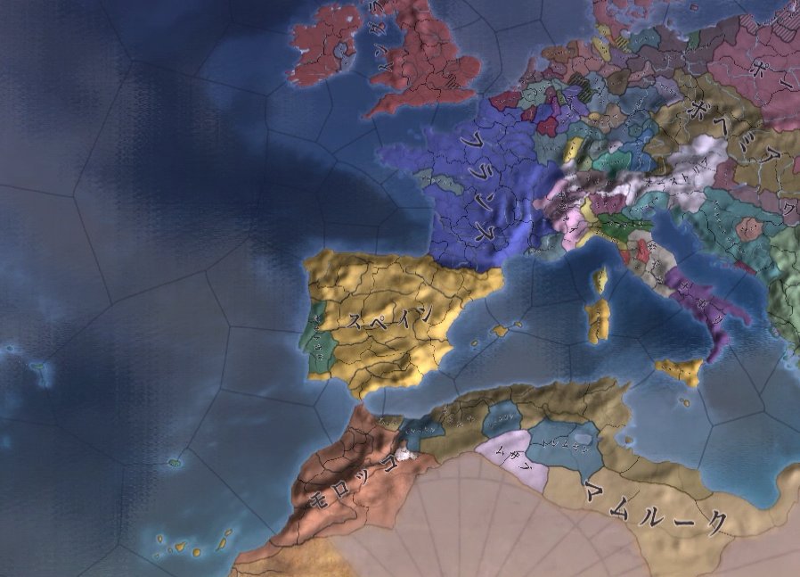 テケレッツノパー Eu4 我がカスティリャ王国は アメリカ大陸に植民地を築きつつ 同君連合下のアラゴン王国も取り込み スペイン王国へと国家変態した 次はポルトガルだ イベリア半島完全掌握は目前である 隣のフランスとは仲良し