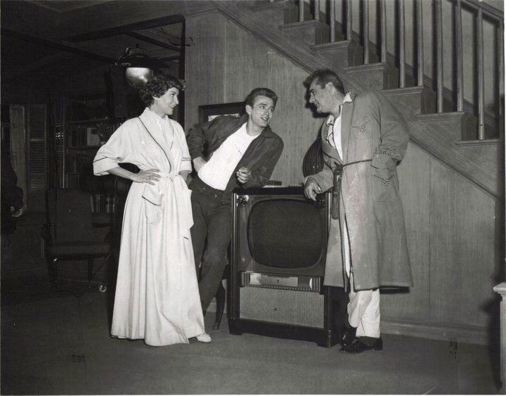 Ann Doran with James Dean and Jim Backus on the set of Rebel Without A Cause, 1955...