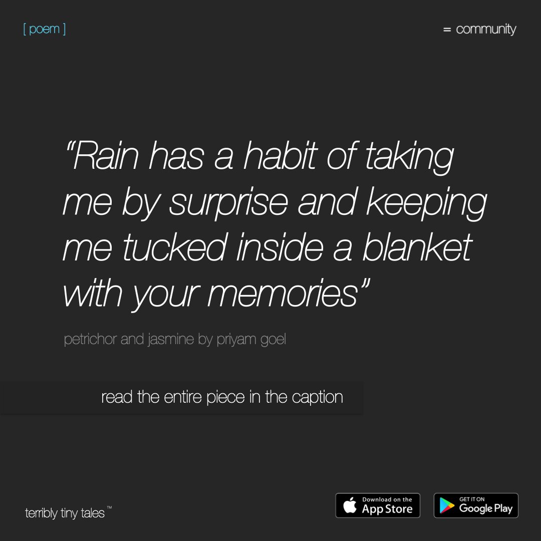 terriblytiny's tweet photo. Priyam Goel writes a #Community [ poem ] 'PETRICHOR AND JASMINE' 

https://t.co/gry8ugzV8f

This piece was written and discovered on the TTT app. Follow the pen name - writingadream on the app to read more by them. You can download the app here <https://t.co/xxm4Z8VWC9>

#tttapp https://t.co/Vp5TIq3tn1
