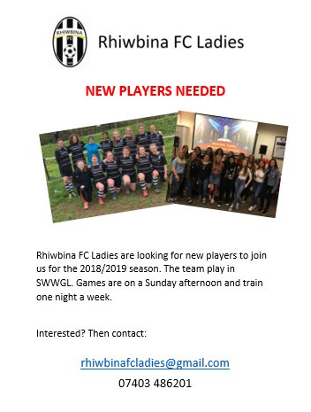 Players Wanted. Were looking for more players to join our team for 2018/2019 season. Interested? Then get in contact rhiwbinafcladies@gmail.com
 07403 486201