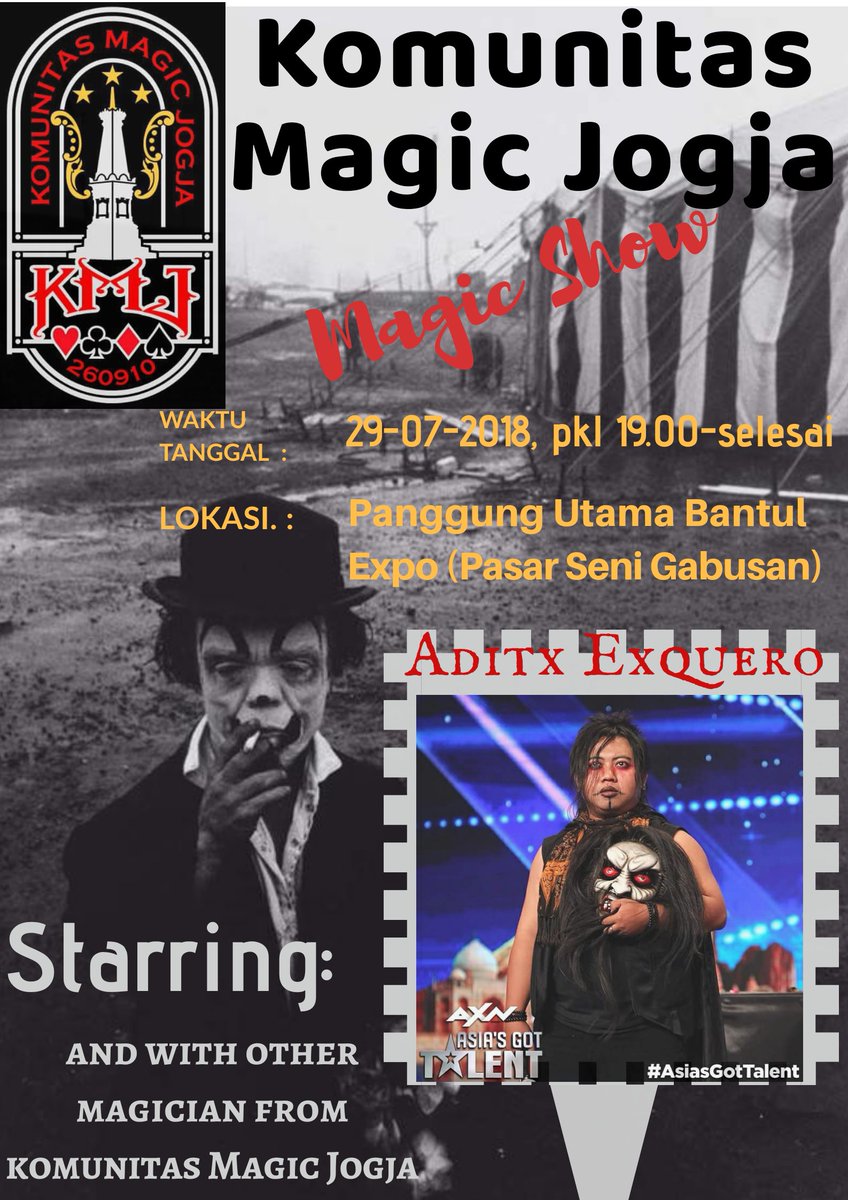 Aditx_Exquero's tweet photo. Don't Miss it...!!!
Magic Show with @MagicJogja
And #bizzare_artist #aditx_exquero
#bantulexpo #bantulexpo2018 https://t.co/XndSuY8shZ