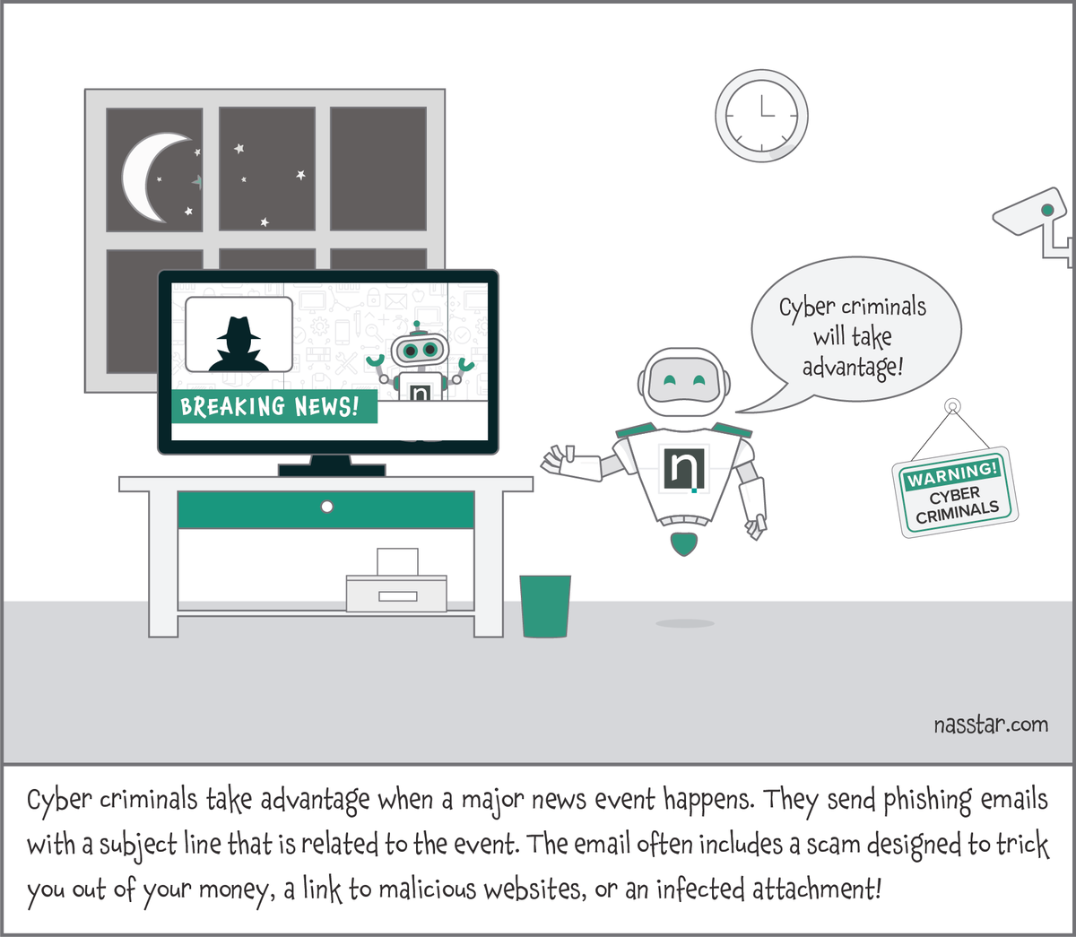 TheNassbot's tweet photo. Has a major event happened in the #news recently? 

#Cybercriminals will take advantage by sending you a #phishing email with a subject line related to that event! 

#hacker #cybercrime #cybersecurity #SecurityTip #ThoughtOfTheDay #Weekend https://t.co/1rhEnASYhk