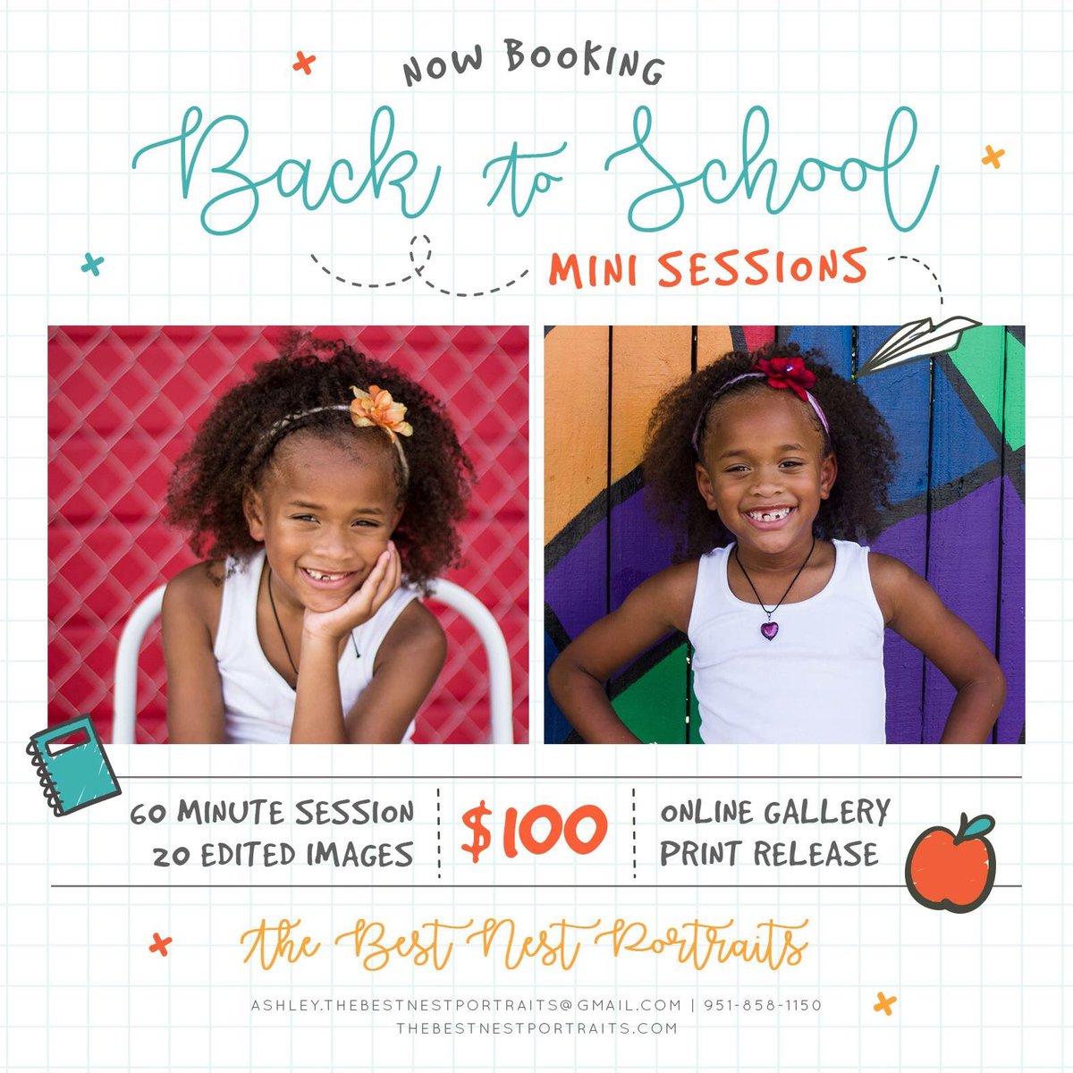 Now booking #BacktoSchool #MiniSessions for early September! Don’t miss out! #TheBestNestPortraits #Portraits #ChildPortraits #ChildPortraitPhotographer
