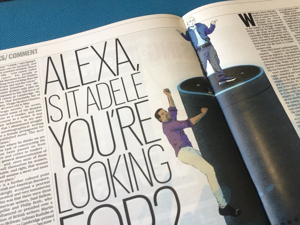 VectorThatFox's tweet image. First time I’ve suggested a headline and it’s gone through! Illo in today’s @ST_Culture about Amazon Echo playing @Eminem and @LionelRichie before @Adele when the song “Hello” is requested. Thanks @MikeCathro and @rswalk for the art direction #vectorthatfox #Illustration