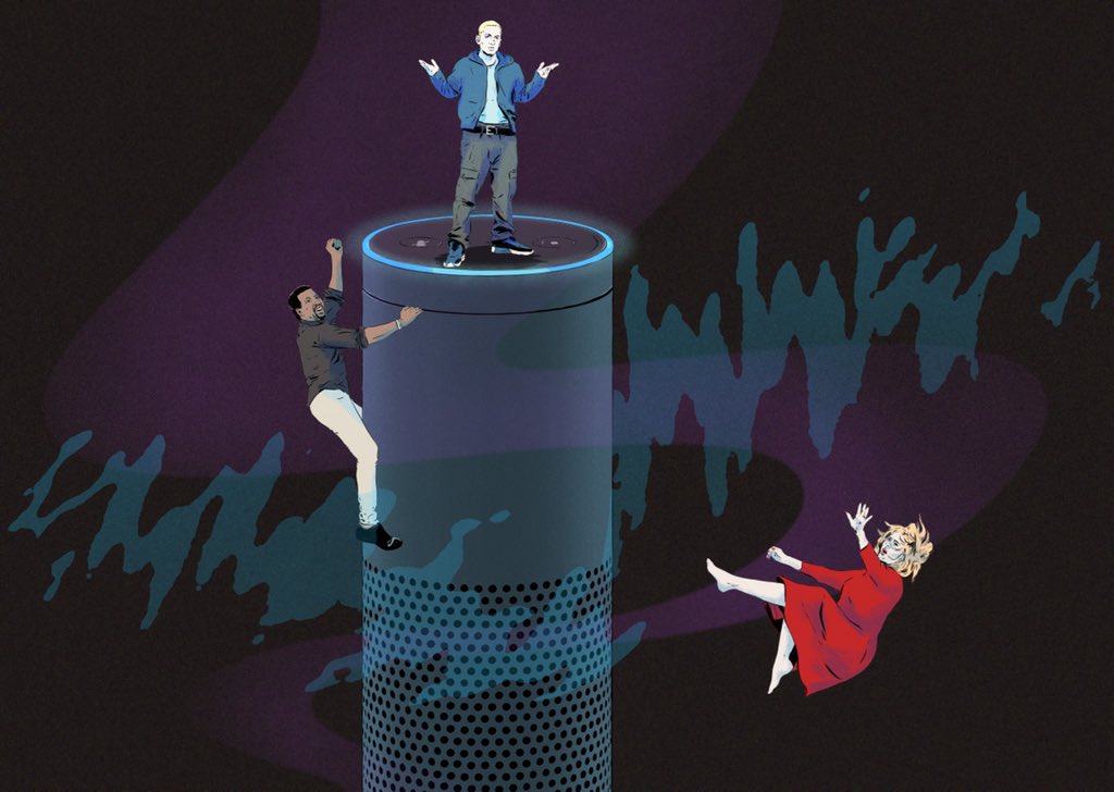 VectorThatFox's tweet image. First time I’ve suggested a headline and it’s gone through! Illo in today’s @ST_Culture about Amazon Echo playing @Eminem and @LionelRichie before @Adele when the song “Hello” is requested. Thanks @MikeCathro and @rswalk for the art direction #vectorthatfox #Illustration