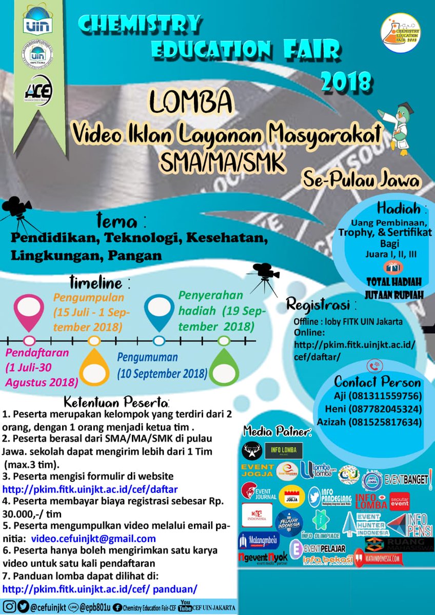 🎉Chemistry Education Fair 2018 🎉
More info:
💬 LINE: @epb6801u
📍Instagram: <a href="/cefuinjkt/">CEF UIN Jakarta</a> 
👥 Facebook: Chemistry Education Fair-CEF
🐦Twitter: <a href="/cefuinjkt/">CEF UIN Jakarta</a>
💻 Youtube: CEF UIN JAKARTA
pkim.fitk.uinjkt.ac.id/cef/daftar/
pkim.fitk.uinjkt.ac.id/cef/panduan/
📲087782045324 (Heni)
📲081525817634 (Azizah)