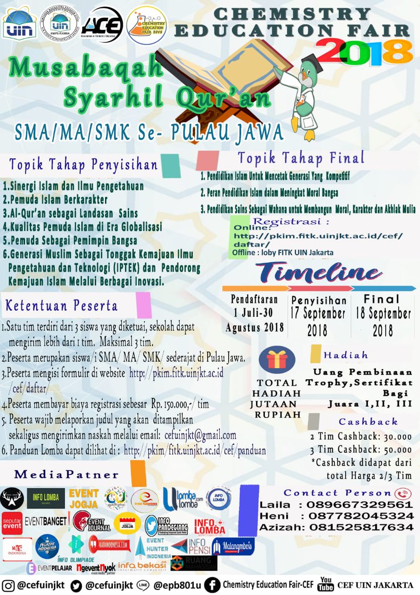 🎉Chemistry Education Fair 2018 🎉
More info: 
💬 LINE: @epb6801u
📍Instagram: <a href="/cefuinjkt/">CEF UIN Jakarta</a> 
👥 Facebook: Chemistry Education Fair-CEF
🐦Twitter: <a href="/cefuinjkt/">CEF UIN Jakarta</a>
💻 Youtube: CEF UIN JAKARTA
pkim.fitk.uinjkt.ac.id/cef/daftar/
pkim.fitk.uinjkt.ac.id/cef/panduan/
📲087782045324 (Heni)
📲081525817634 (Azizah)