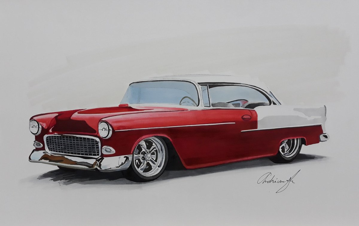 My first try at rendering a car using #copicmarkers. #itsquiteachallenge if you're not use to the medium.
.
.
#markerart #alcoholmarkers #copic #copicart #copics @copicmarker #newtomarkers #carrendering #55chevy #avwairbrushworks