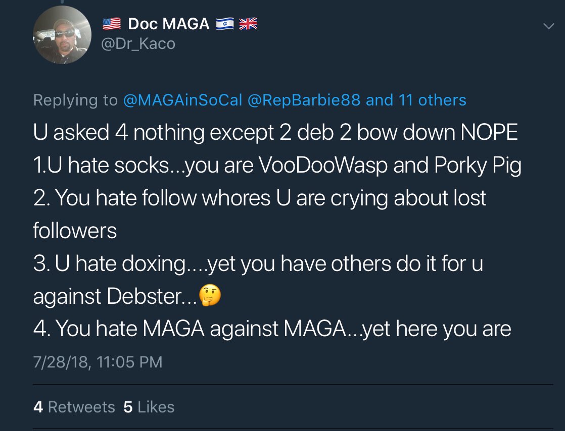 MAGAinSoCal's tweet photo. @Dr_Kaco @RepBarbie88 @DebsterAPTT45 @warrant05_tony @ForrestCSmith @CatOnA_TinRoof @jimlibertarian @LazyMeatball @smalltownandrew @DoubleJ8550 @LieDetector0311 @Geisha_Queen_ @MishelleMAGA @NewportBeachPD @FBILosAngeles @INTERPOL_Cyber @RampsMAGARants @AppSame @_1st_1_Back_ @Zola1611 @VFL2013 @TheRealVAnon @USAHotLips @Thomas1774Paine @dancarty5 @ernie_plumley @gdshaver16 @The2ndA @Maggieb1B @VetApologist @PaulEire1776 @RealSlimNOLA @writemombritt @OCDATony So now we have 2 people who claim to be law-enforcement officers #LEOs & an active duty Marine overseas, liking a tweet from someone who is #Libeling & #Harassing me.
These people claim to be addressing sock accts & bully yet are defending the bullies.
Doc=DefenderJake sock https://t.co/27OSnYoZ0D