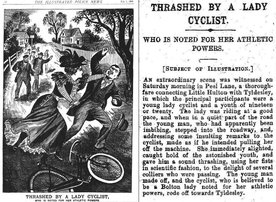 So Northern it hurts...

▪️Drunken young man hurls abuse at lady cyclist.

▪️Lady cyclist alights and gives young man an ass-whooping.

▪️Onlooking miners cheer.

From The Illustrated Police News, July 1st 1899

#Bolton #Tyldesley #LittleHulton #StrongWomen