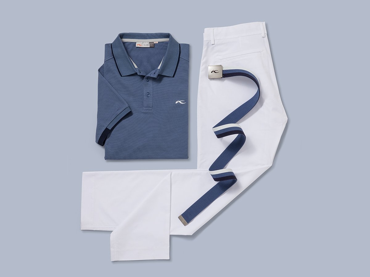 KJUS_Company's tweet photo. Dress like a pro, play like a pro! @m4kieffer is turning heads today @PEO_18 with our bijou blue Stan Polo, atlanta blue Square Webbing Belt and while Inaction Pants. Are you ready to make the move towards champion performance? Do it here: https://t.co/YZvG0gYPl1 #kjus #peogolf https://t.co/H5ZtyLj1XX