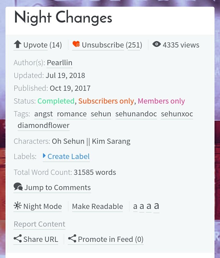 Night ChangesCompletedAngstSehun x OCTo whoever that likes angst stories, this one is recommended one. You guys will cry ㅠㅠ ㅠㅠ https://www.asianfanfics.com/story/view/1295127/night-changes-angst-romance-sehun-sehunandoc-sehunxoc-diamondflower