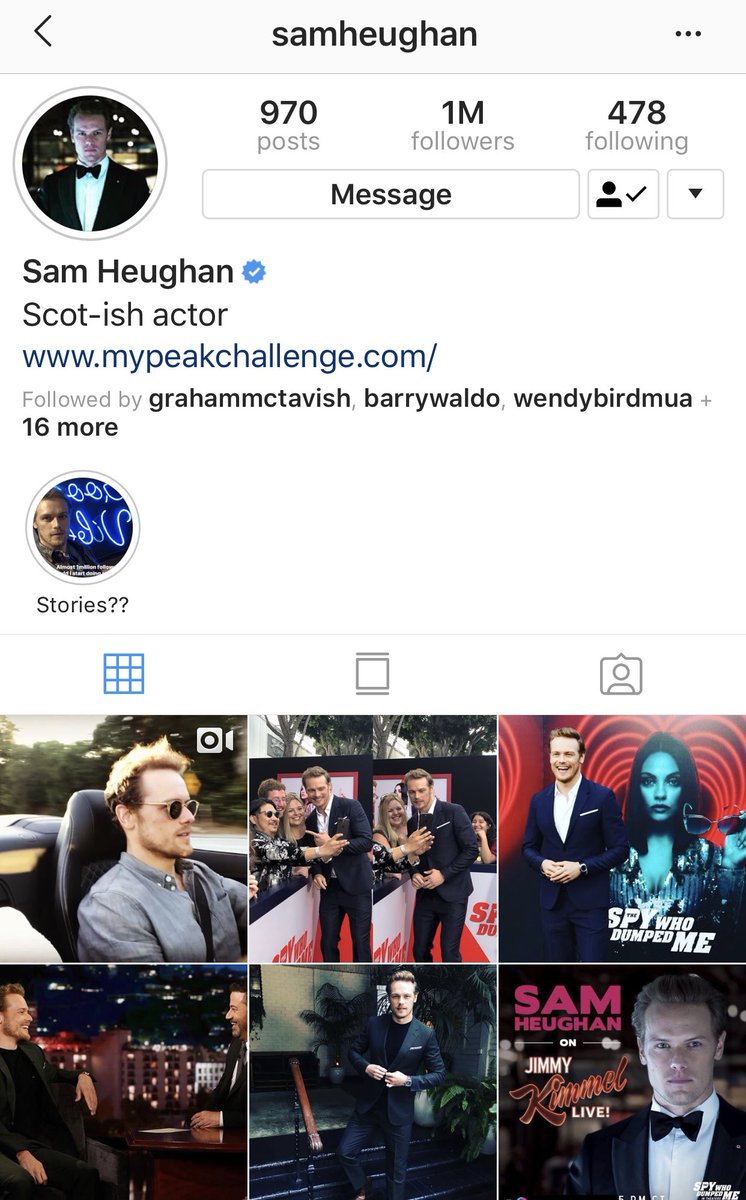 teamsamheughan's tweet photo. As if @SamHeughan’s week couldn’t get any better: 1 million followers on IG! (And he’s doing stories now!) 

Pssst @caitrionambalfe you might want to check out his latest post/story. It will lay to rest that whole #grannydriver thing 😂 https://t.co/ovv1wQEMwm