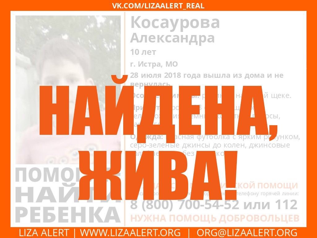 Спасибо неравнодушному человеку. По нашей ориентировке ребенок найден. Переместилась из Истры в Коптево. #ЛизаАлерт