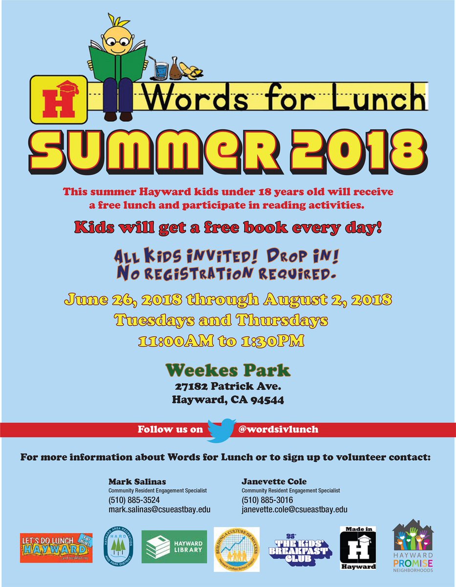 wordsivlunch's tweet photo. Words for Lunch final week. This week. July 31 &amp; AUG 2. 11AM to 1:30PM. Weekes Park in Hayward.  Kids will receive lunch and participate in reading activities.  Free and all kids invited.  Join us for lunch. For more information call @HaywardPromise Mark Salinas (510) 885-3524 https://t.co/uafjXf6YaI