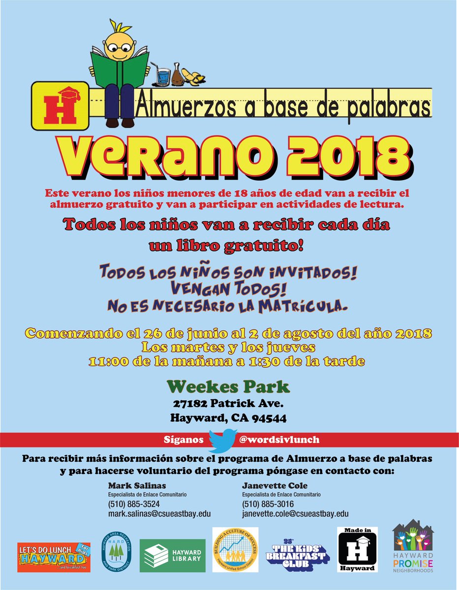 wordsivlunch's tweet photo. Words for Lunch final week. This week. July 31 &amp; AUG 2. 11AM to 1:30PM. Weekes Park in Hayward.  Kids will receive lunch and participate in reading activities.  Free and all kids invited.  Join us for lunch. For more information call @HaywardPromise Mark Salinas (510) 885-3524 https://t.co/lx3awYDBgk