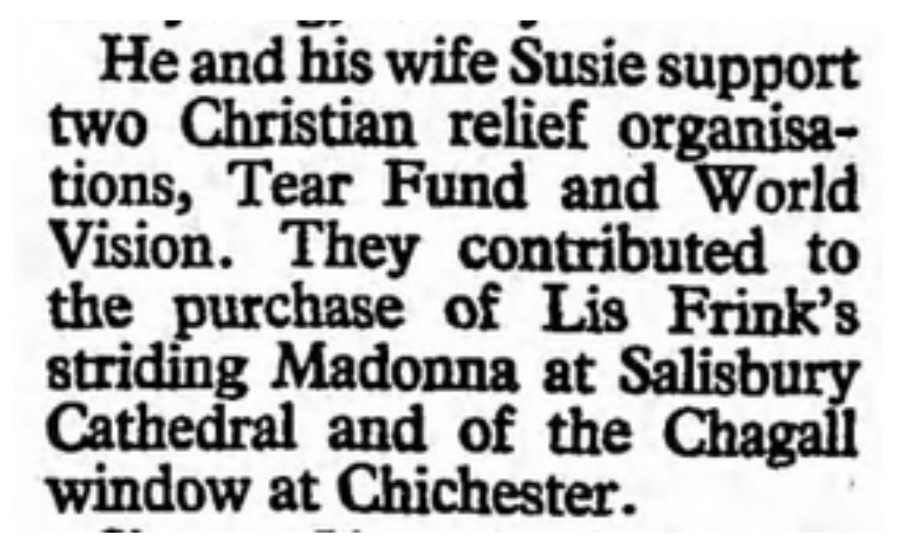 The Sainsburys also backed the Tear Fund, a Christian relief organisation closely associated with Cliff Richard, a man accused of child abuse whose name appeared as a patron of the Elm Guest House child brothel.