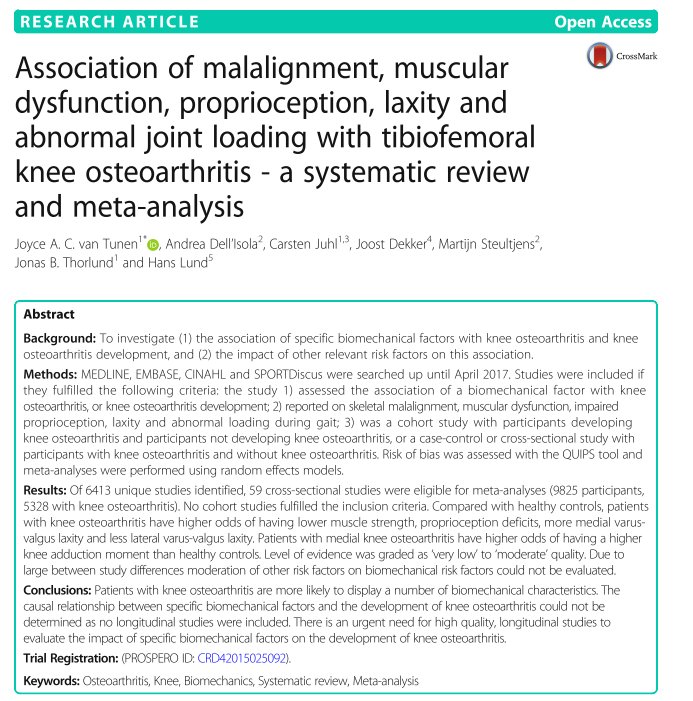 PhysioMeScience's tweet photo. Association  of malalignment, muscular dysfunction, proprioception, laxity and  abnormal joint loading with tibiofemoral knee osteoarthritis - a  systematic review and meta-analysis

https://t.co/7HjEL1sj2z https://t.co/if5Ee5vYgY