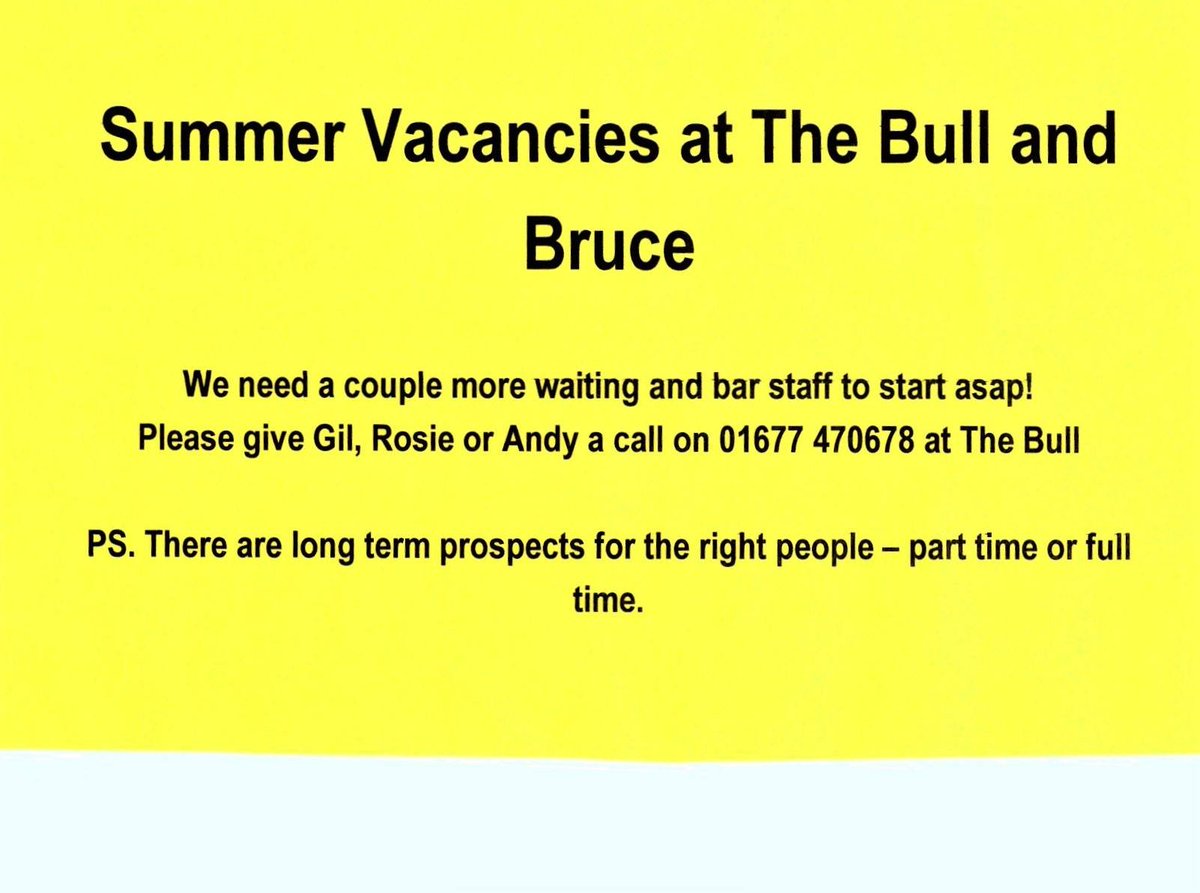 Thebrucearms's tweet image. Vacancies at The Bull Inn and The Bruce Arms, West tanfield. part time/ full time. Call 01677 470678 to enquire further
#vacancies #pubwork #restaurantwork #vacanciesnorthyorkshire #riponvacancies #mashamvacancies #jobsavailablenorthyorkshire #work 
#pubjobs #barwork #jobsearch