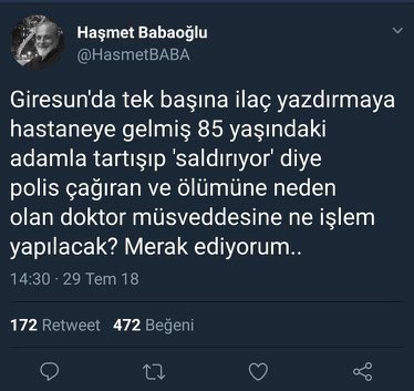 Adamla tartışıp, polis çağıran doktor ölüme sebep oluyor ama gelip, tartaklayıp, ters kelepçe takıp, biber gazı sıkan polislerin 85 yaşında adamın ölümünde suçu yok. Hakikaten çukurun dibisin <a href="/HasmetBABA/">Haşmet Babaoğlu</a>
