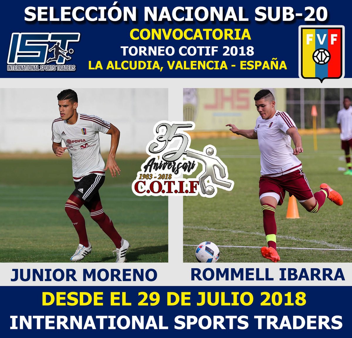 ISportsTraders's tweet photo. #TalentoIST Hoy comienza el Torneo #COTIF 2018 para la @SeleVinotinto #S20 🇻🇪, que cuenta con la presencia de Junior Moreno (@jmoreno_2000) y Rommell Ibarra. Los dirigidos por Maros Mathías se estrenan a las 5:15 PM (⏰🇻🇪) ante @Argentina 🇦🇷 https://t.co/mCrTXUTjcf