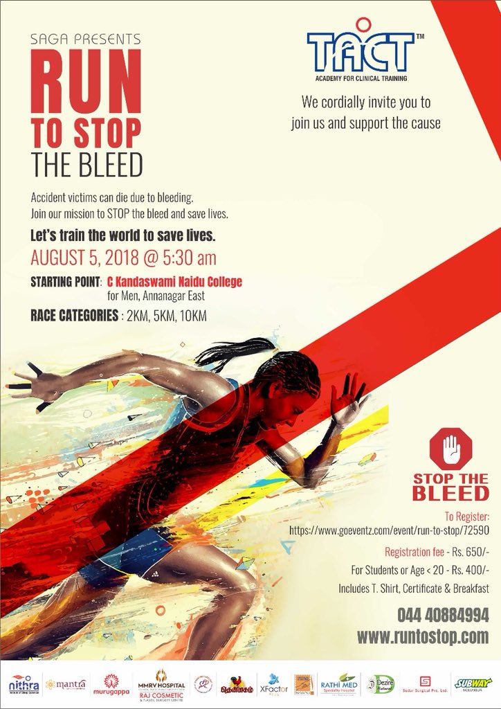 dr_ramakrishnan's tweet photo. One week to go. Join us for #RunToStop #Marathon Make a commitment &amp; learn to #StopTheBleed @tact_academy  #SaveLives. Thank You @Suriya_offl @VasanthSsai @Prasanna_actor @SurgEdMD @ramavenu @RJ_Balaji @rekhshc @SylendraBabuIPS @JayendrasPOV @PoetThamarai @ATompeck @aqualung728 https://t.co/xQxUxVFCAY