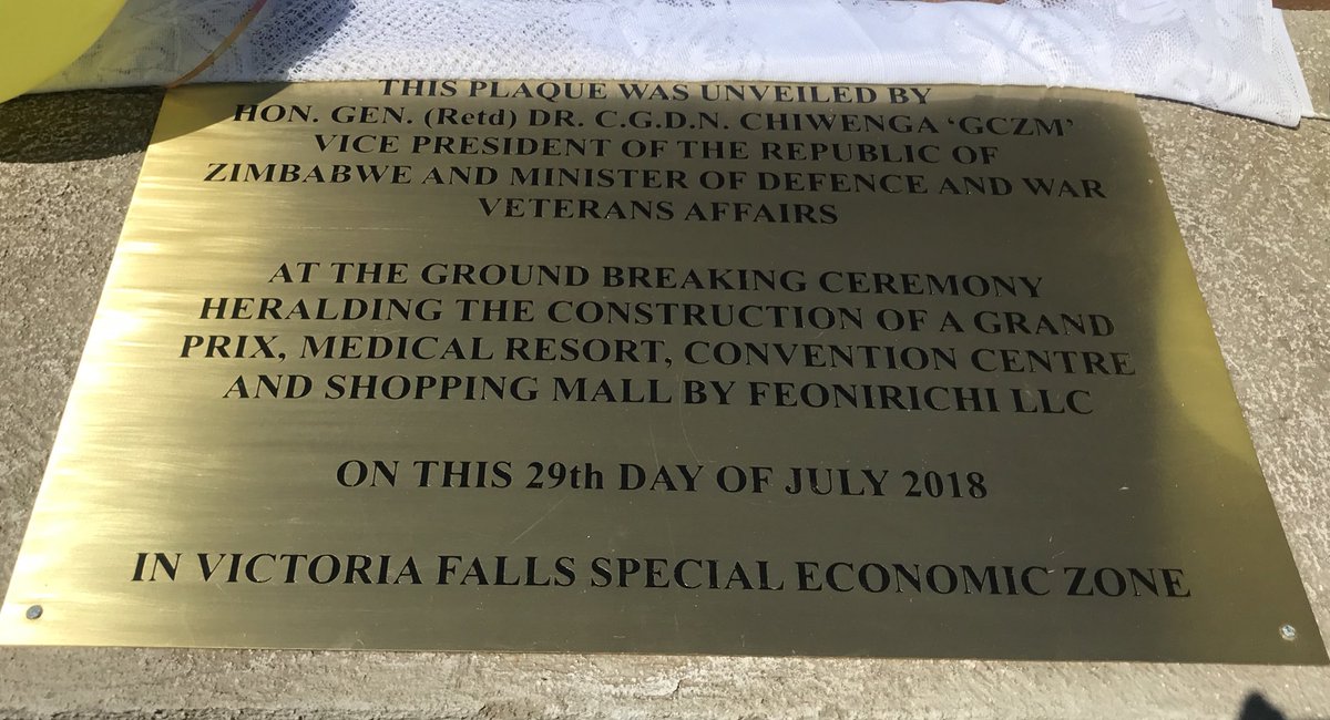 Hon. Vice President Constantino Chiwenga today in Victoria Falls officiated at  the ground breaking ceremony to mark the construction of a convention centre, shoppingmall, state of the art medical resort, 7 star hotel and a racing circuit by Feonirich LLC. #ZimTourismRecovery🇿🇼