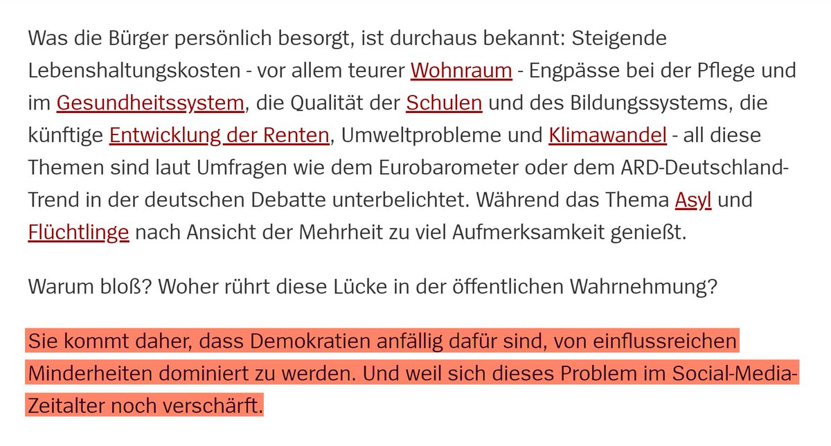 Was Menschen interessiert:
- Wohnraum
- Pflege
- Bildung
- Renten
- Klimawandel

Worüber Politiker reden:
- Flüchtlinge

Warum? spiegel.de/wirtschaft/soz…