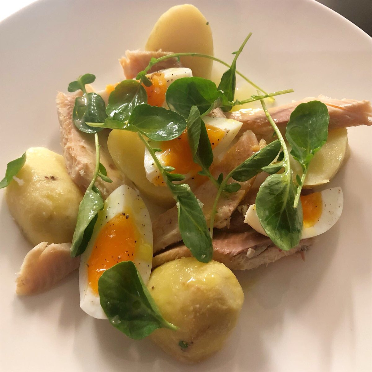 Smoked trout, Anya potatoes, watercress &amp; soft boiled hens egg.