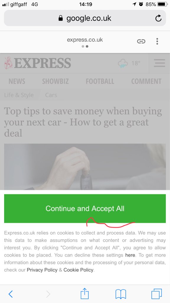 axelsegebrecht's tweet image. Another entry from the Express (UK) for my irregular series of “How not to implement cookie notices” …

#GDPRfail #cookienotice