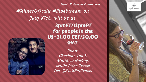 At #WinesOfItaly #LiveStream on July 31st we will learn more about

👉Charine & Matthew from @exowinetravel ✈️🍷

At 21.00CEST / 3pmEDT

 👉 Join us on FB at bit.ly/2ve6XTK
@winestudioTINA @ricasoli99 @SorchaHolloway @pietrosd @fabienlaine @RadicidelSud @boozychef