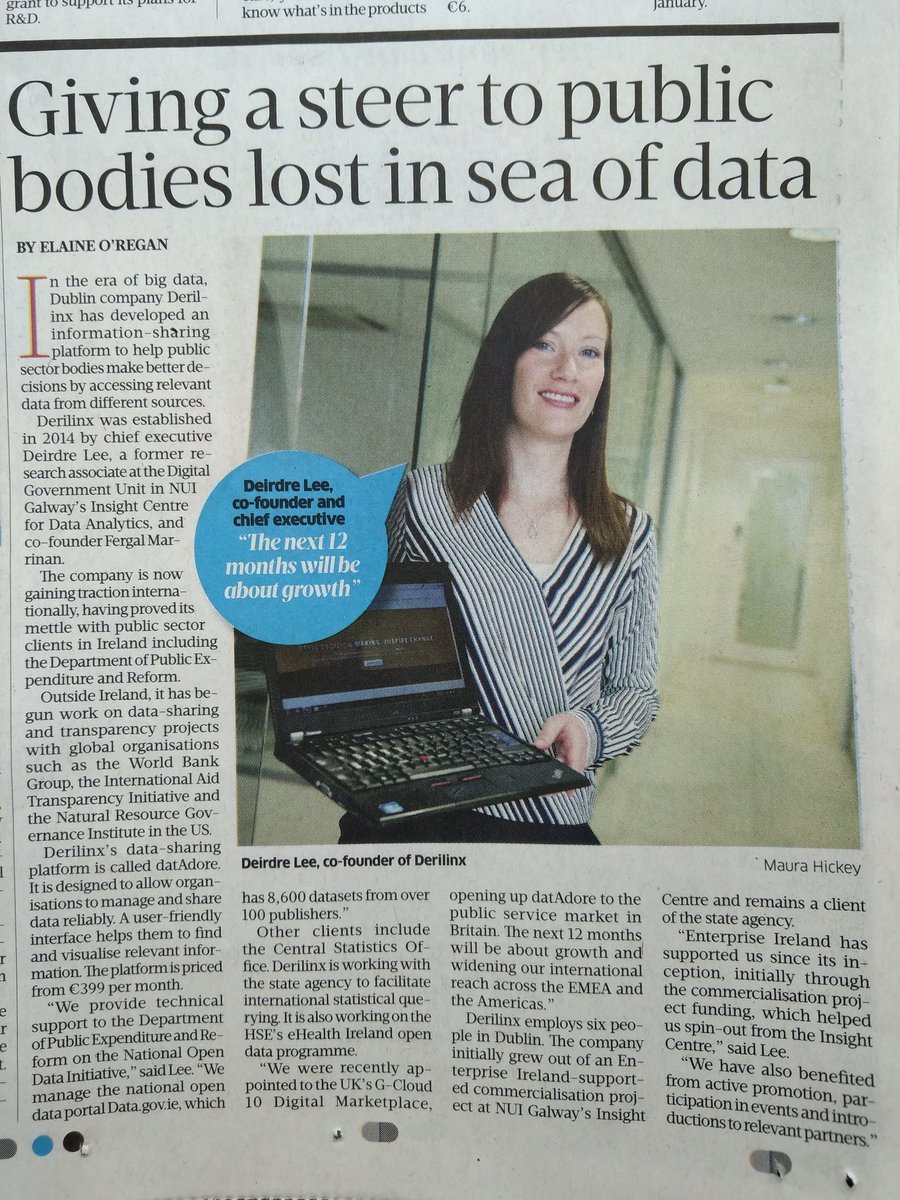 derilinx's tweet photo. Proud to be featured in #PeopleInBusiness section of today's @sundaybusiness. Great article on @derilinx's growth plans with #datAdore by Elaine O'Regan. @marrinan @Entirl @insight_centre @GovDataIE @GoingForGrowth #DataSharing #GCloud10 https://t.co/WNvYWIcaan