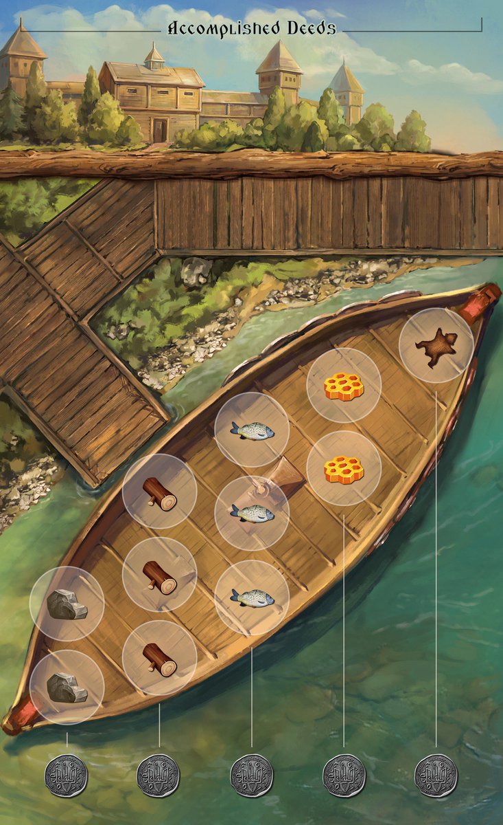 30. Goods you acquire can be placed in your boat to earn trade points. Before adding the placement element of the boat, players weren't as interested in the goods. After adding it, playtesters discovered an overpowered goods strategy that necessitated several changes.