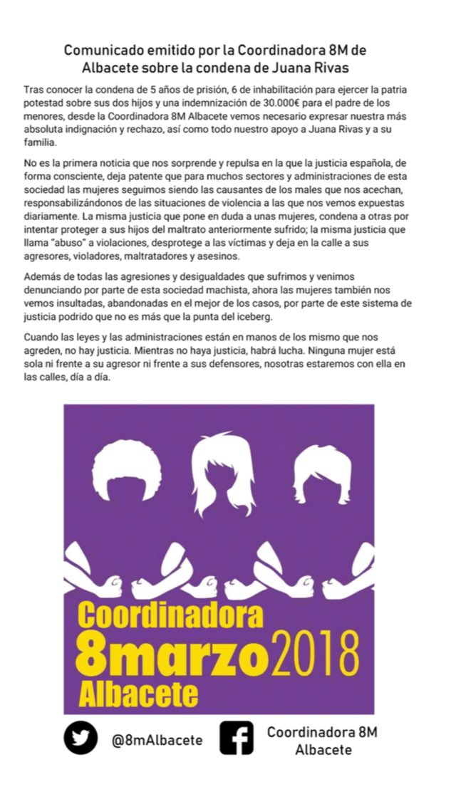 8mAlbacete's tweet photo. Una vez más debemos de expresar nuestra más absoluta indignación y rechazo, así como nuestro apoyo a Juana Rivas y a su familia. 
#JuanaRivas
#NoEstasSola https://t.co/anBQg6TEsd
