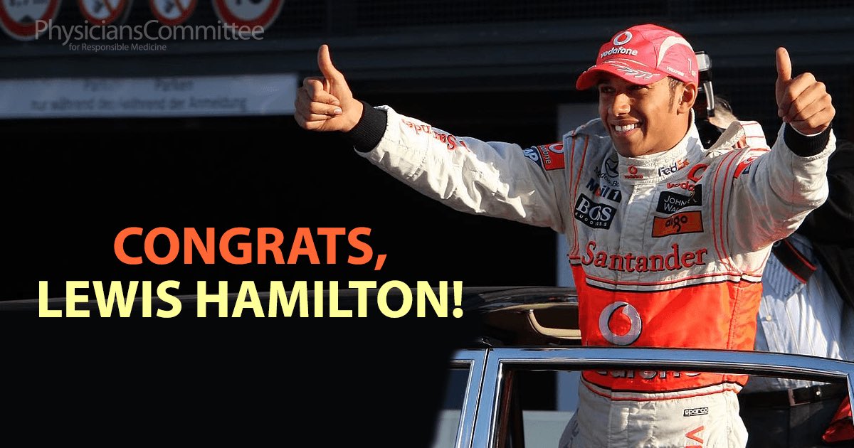 DrNealBarnard's tweet photo. Congratulations to vegan racing phenomenon @LewisHamilton, who won today’s Hungarian Grand Prix, extending his lead in the @F1 Championship. Thank you for your wonderful advocacy for animals and for human health. #HungarianGP  #F1 https://t.co/xJgAU3Gub1