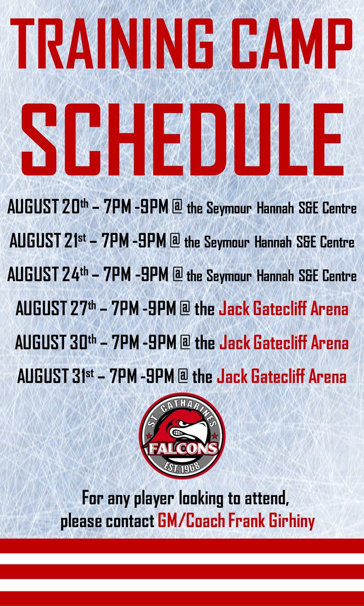 BREAKING NEWS 🚨🚨🚨
#Falcs release their 2018 Training Camp Schedule. Dates and locations below. For any players wishing to attend, please contact Coach/GM <a href="/GirhinyFrank/">FrankGirhiny</a> 

#GOJHL #OHA #GoFalcs #TrainingCamp