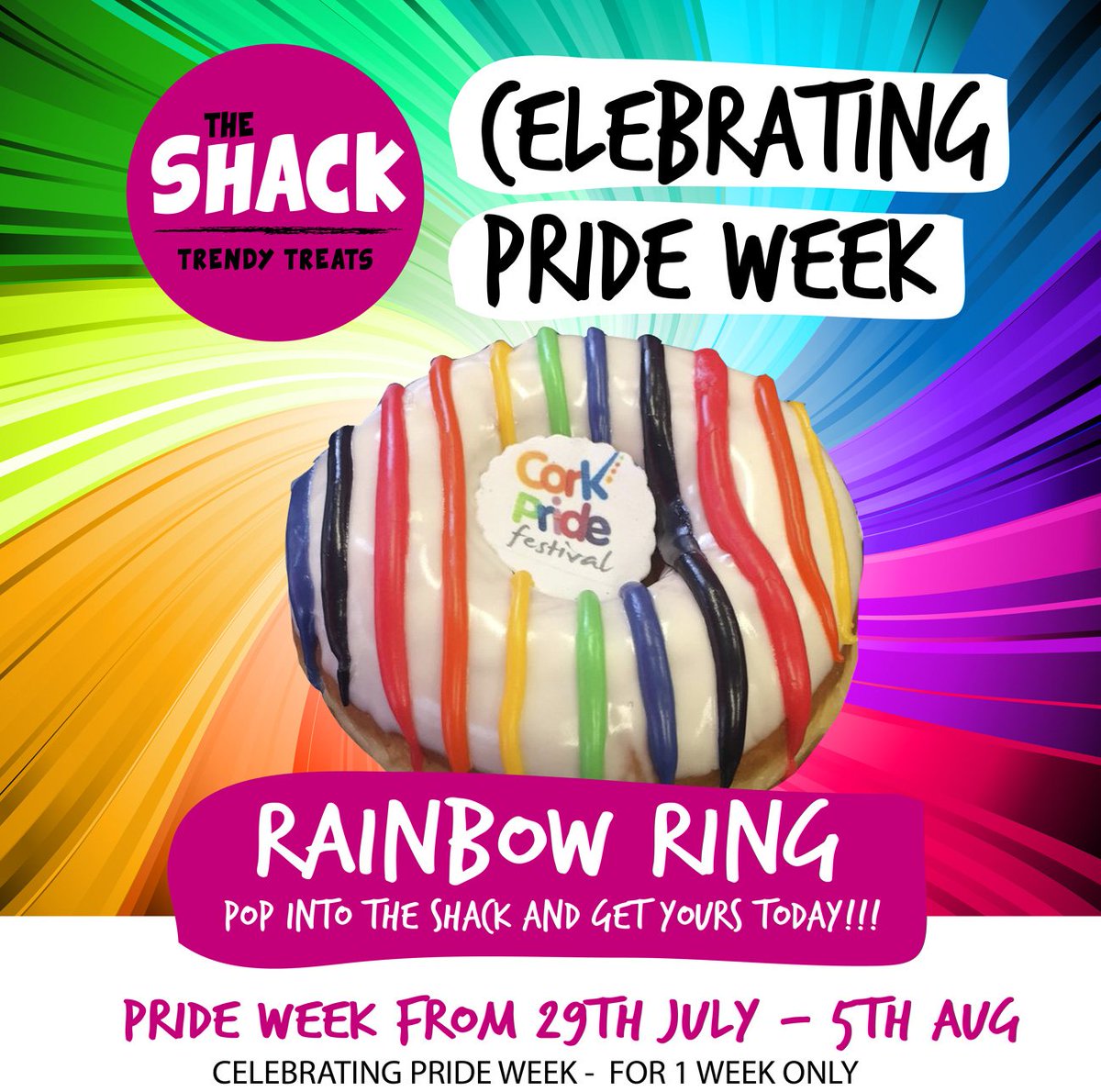 LET'S CELEBRATE PRIDE WEEK!!
Be sure stop by the shack to pick up our Rainbow Ring coloured Donut on sale for 1 week only...
🏳️‍🌈🏳️‍🌈🍩🍩🍩🏳️‍🌈🏳️‍🌈