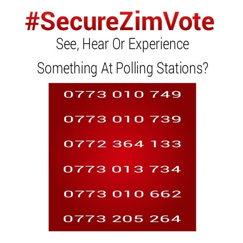 FunnyZimPics's tweet photo. RETWEET: #SecureZimVote
...With millions of eyes watching, it will be almost impossible to RIG...
Contact The Numbers Below To Report Any Suspicious Behaviour.
#ElectionsZW #ZimElections2018 #ZimDecides2018 #VoteZim https://t.co/j6Q31NVAI7