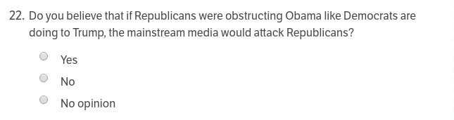 Aquarious2's tweet photo. From @realDonaldTrump 's accountability survey. This is the most ridiculous question I've ever seen. The #obstruction of #Obama by #Republicans was ridiculous and the media praised the #GOP for it. The media is soft on Republicans, hard on #Democrats. #hipocrisy #politics https://t.co/VvvQs7fKAn