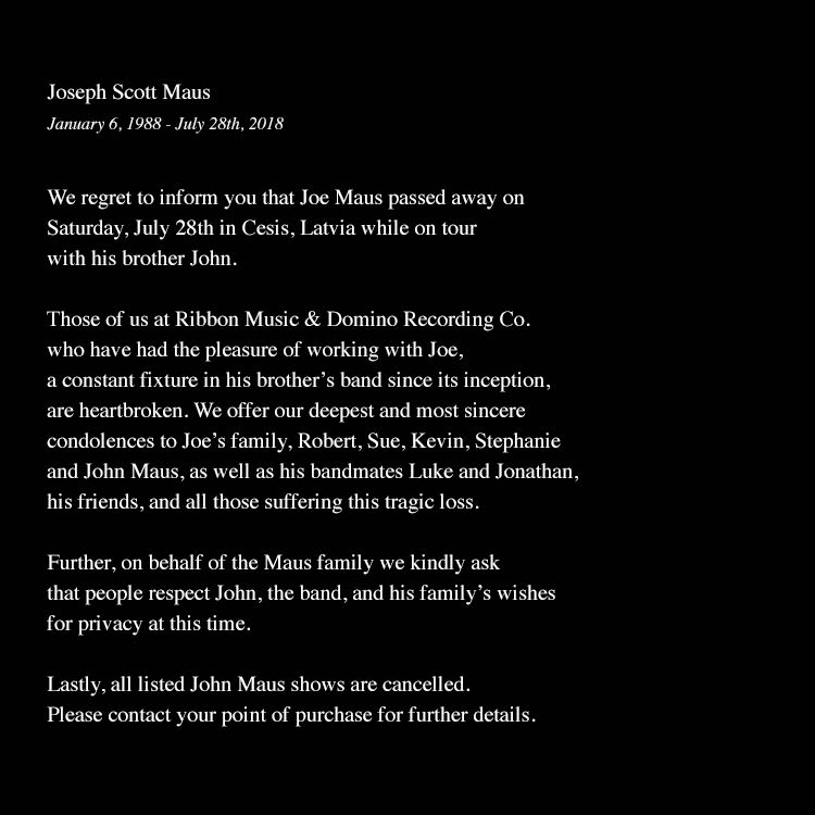 ribbonmusic's tweet image. Joseph Scott Maus, January 6, 1988 - July 28th, 2018