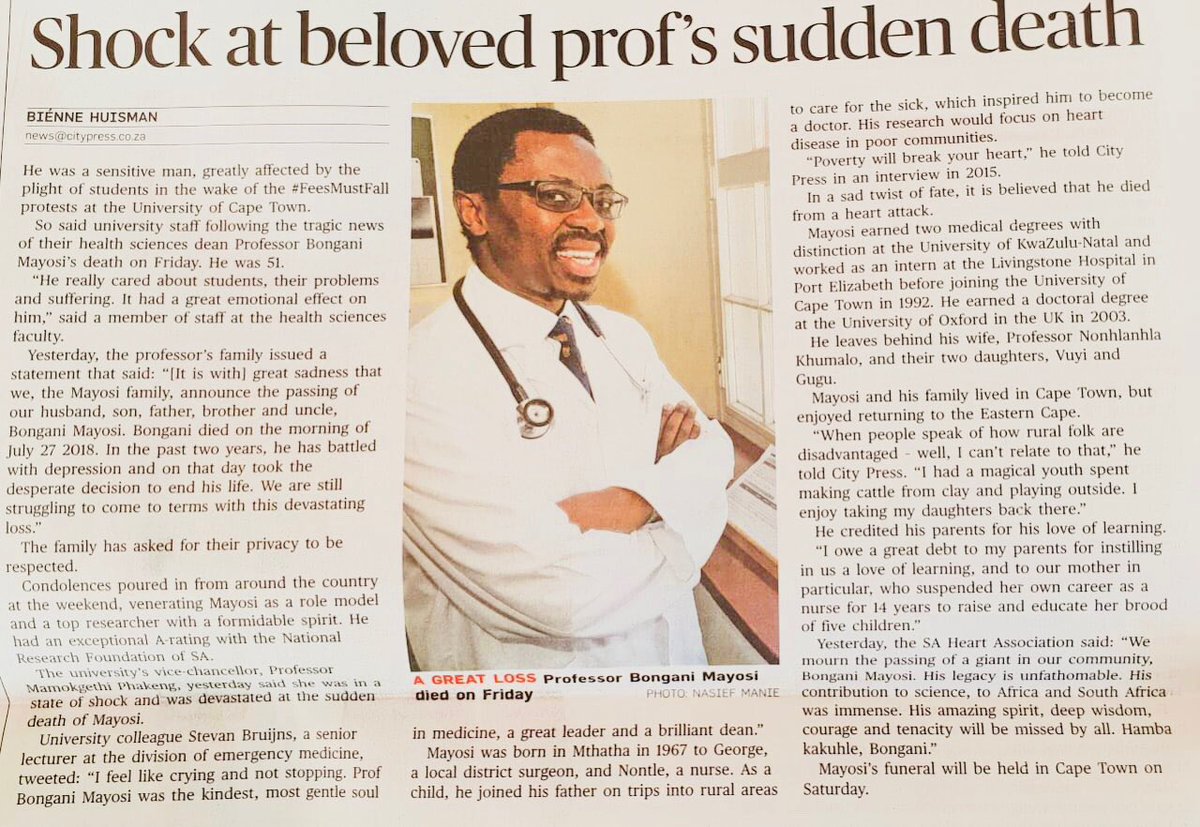 Deeply shocked and saddened by the untimely passing of Professor Mayosi. Heartfelt condolences to his wife, children, rest of family, friends and colleagues.#RIPMayosi