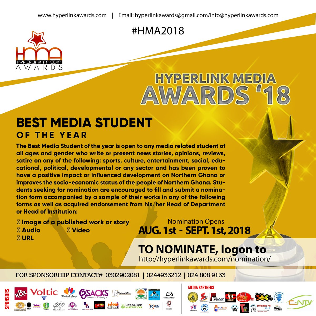 ARNOLDMASHUD's tweet photo. Who wins the best media student of the year in the @HyperlinkAwards ? #HyperlinkMediaAwards #HMA2018. @peacefmonline @KESMI_FM @Starr1035Fm @Joy997FM @citinewsroomgh @123FM997 @shattawalegh @Savannaonline1 @SanatuZambang @sadikcyber1 https://t.co/ry8zbwB3kX