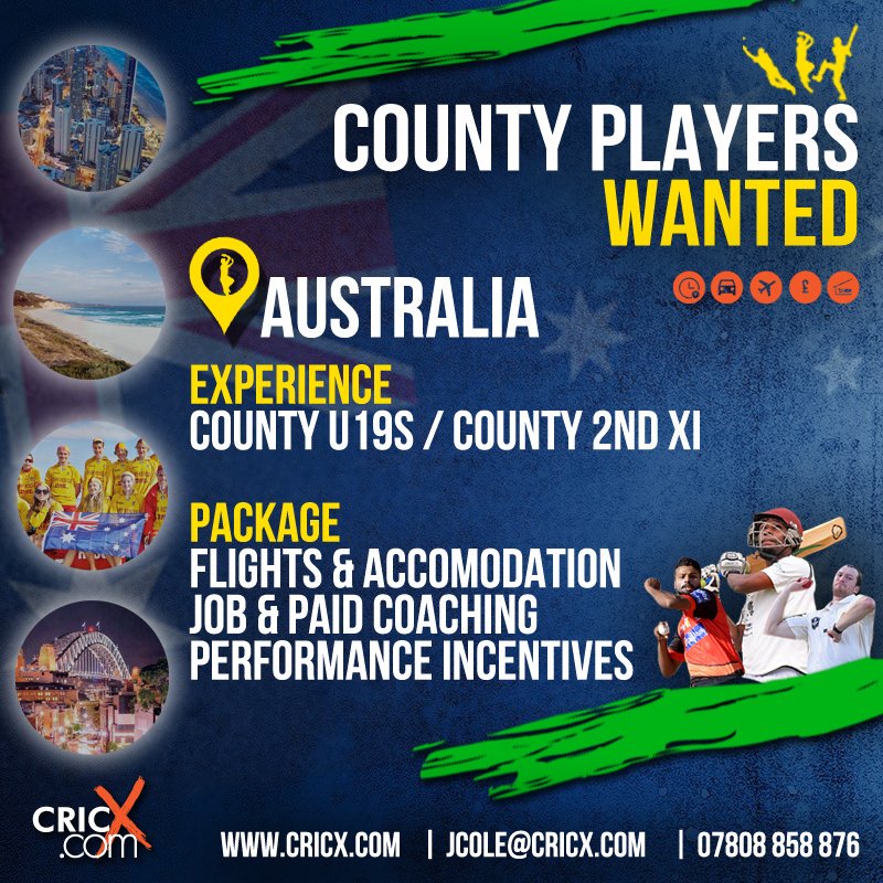 cricketagency's tweet photo. We're looking for @CountyChamp / @VitalityBlast / #County2s players to play in #Australia🇦🇺 this winter.
To register your interest, get in touch, ASAP. Your help, as always, would be appreciated @PCA! 🤞👏
📩 @JamesColeCricX - jcole@cricx.com
🔗 https://t.co/uSFR3ri170 https://t.co/x77QkwrY5Y