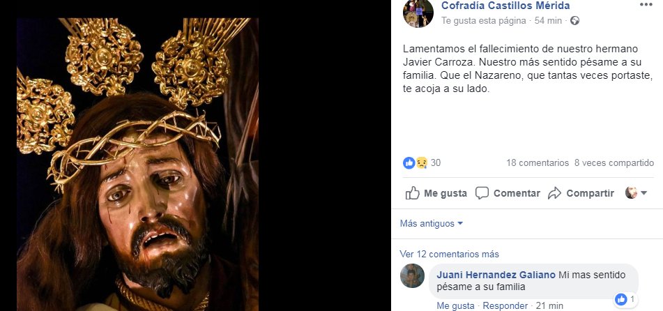 La cofradía de los <a href="/Castillos1928/">Cofradia Castillos</a> lamenta el fallecimiento esta mañana en la Isla, mientras hacía deporte, de Javier Carroza, de 50 años, costalero del Nazareno de Santa Eulalia. Descanse en Paz.