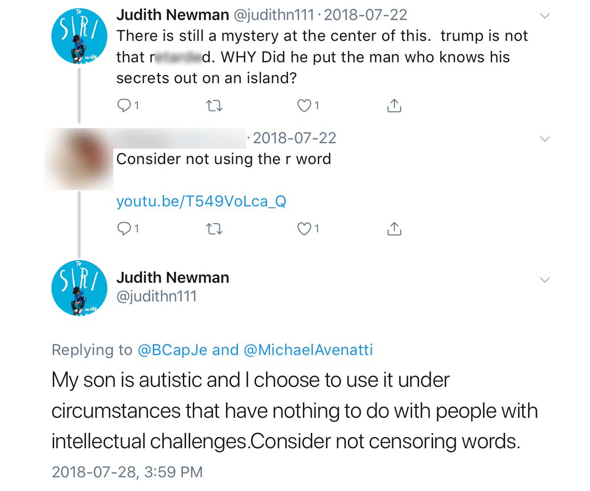 neurowonderful's tweet photo. TW for the R slur
Judith Newman @judithn111 is still unrepentantly awful and is back to bothering autistic folk on twitter.
A reminder that her book To Siri With Love is ableist, anti-autistic, transphobic, and even manages to fit some casual racism in there. #ToSiriWithLove https://t.co/khyaWiBBND