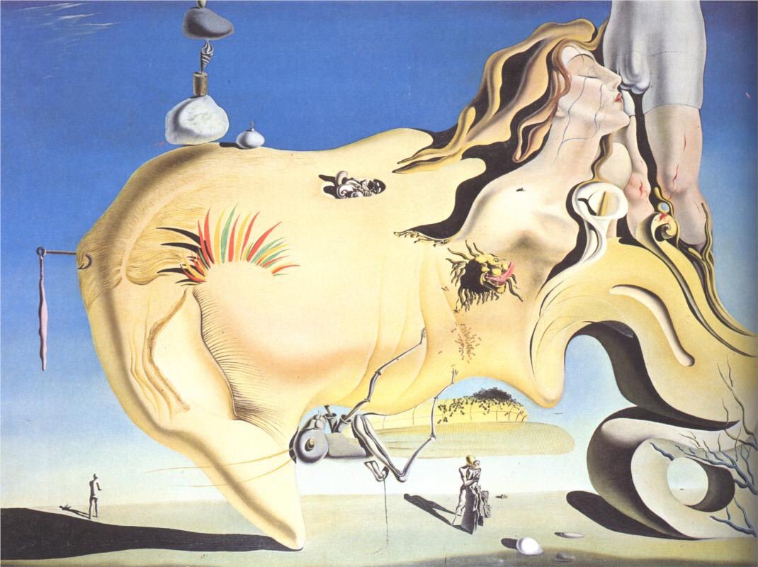 Salvador Dalí y "El Gran Masturbador" (1973): En esta obra, Dalí utiliza la pareidolia para fusionar elementos del rostro humano con formas surrealistas, creando una imagen que es a la vez familiar y desconcertante.es un oleo sobre lienzo: esta obra surrealista presenta una figura que parece transformarse en diferentes objetos, jugando con la percepción del espectador