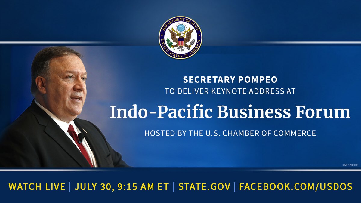 SecPompeo's tweet photo. Looking forward to speaking at the @USChamber #IndoPacificBizForum on “America’s Indo-Pacific Economic Vision.” The Forum will include participants from Japan, Australia, Singapore, India &amp; Indonesia. Allies and partners are essential to U.S. aims in the #IndoPacific. https://t.co/nEqHhDHMEh