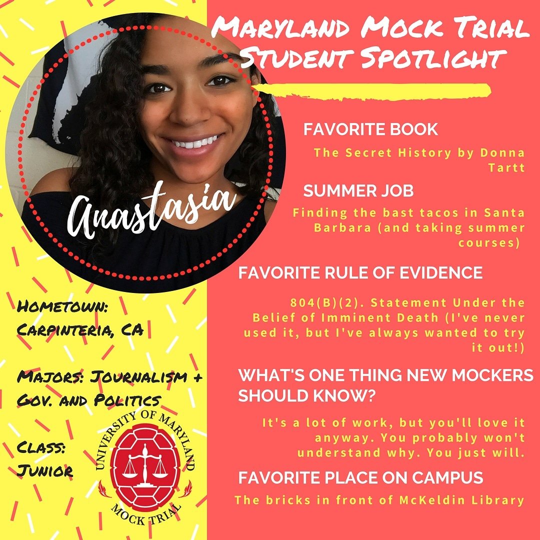 UMDMockTrial's tweet photo. Welcome back to the Maryland Mock Trial Student Spotlight Series!
Meet Anastasia, a California native double majoring in Journalism and Government & Politics, who is also a Copy Desk Chief for the @thedbk.
#UMDMockTrial #ExpectGreatness #StudentSpotlightSunday https://t.co/XQviunRPgR