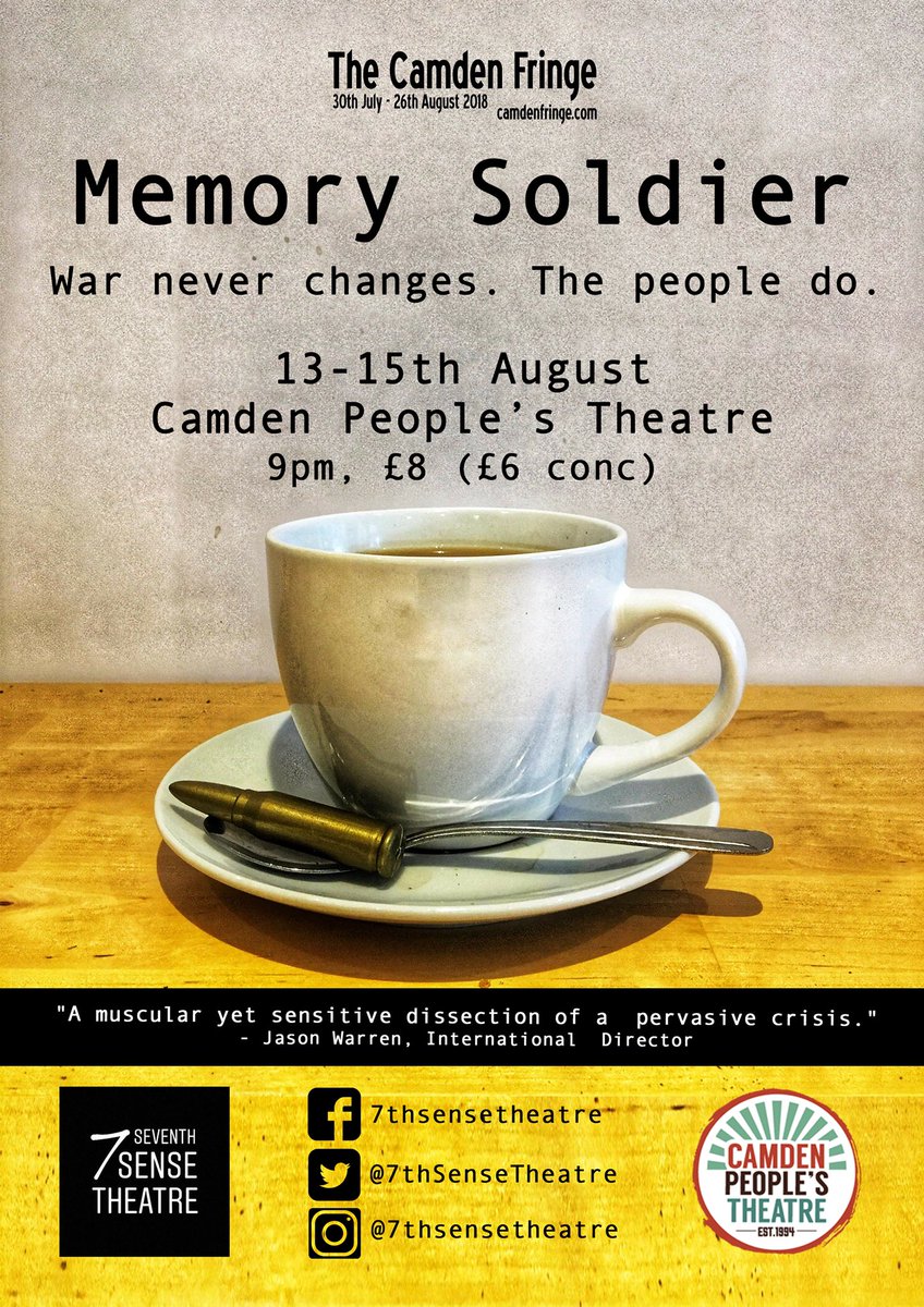 7thSenseTheatre's tweet photo. 🌟 NEWSFLASH! 🌟 we’ve had a bit of a revamp, and we’re incredibly proud and excited to reveal our brand NEW poster for #MemorySoldier! See if you can spot our flyers & posters out and about around Camden and @CamdenPT soon!
Tickets: https://t.co/xzDanmgo7U #CamdenFringe https://t.co/FrNX9ysP0e
