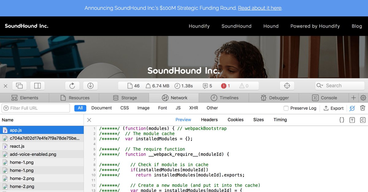 bundlebloat's tweet photo. looks like @SoundHound has $100M in funding but they don't know how to configure their #webpack build for production: https://t.co/sFlskDmA0w is 2.19MB and contains the development build of #React #SoundHound https://t.co/6aixOTSj6E